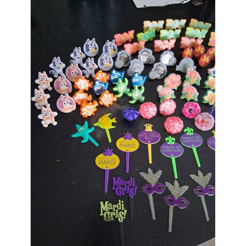 Cupcake Cake Rings Picks Party Decorations Mardi Gras Beach Luau Bluey Dinos